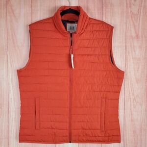 Gap Mens Puffer Vest Large Orange 100% Polyester Sleeveless Pockets Full Zip